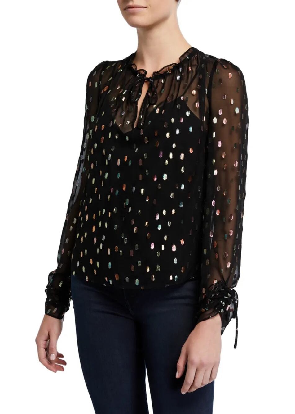 Diane Von Furstenburg DVF Lilian Metallic Dot Long Sleeve Sheer Blouse